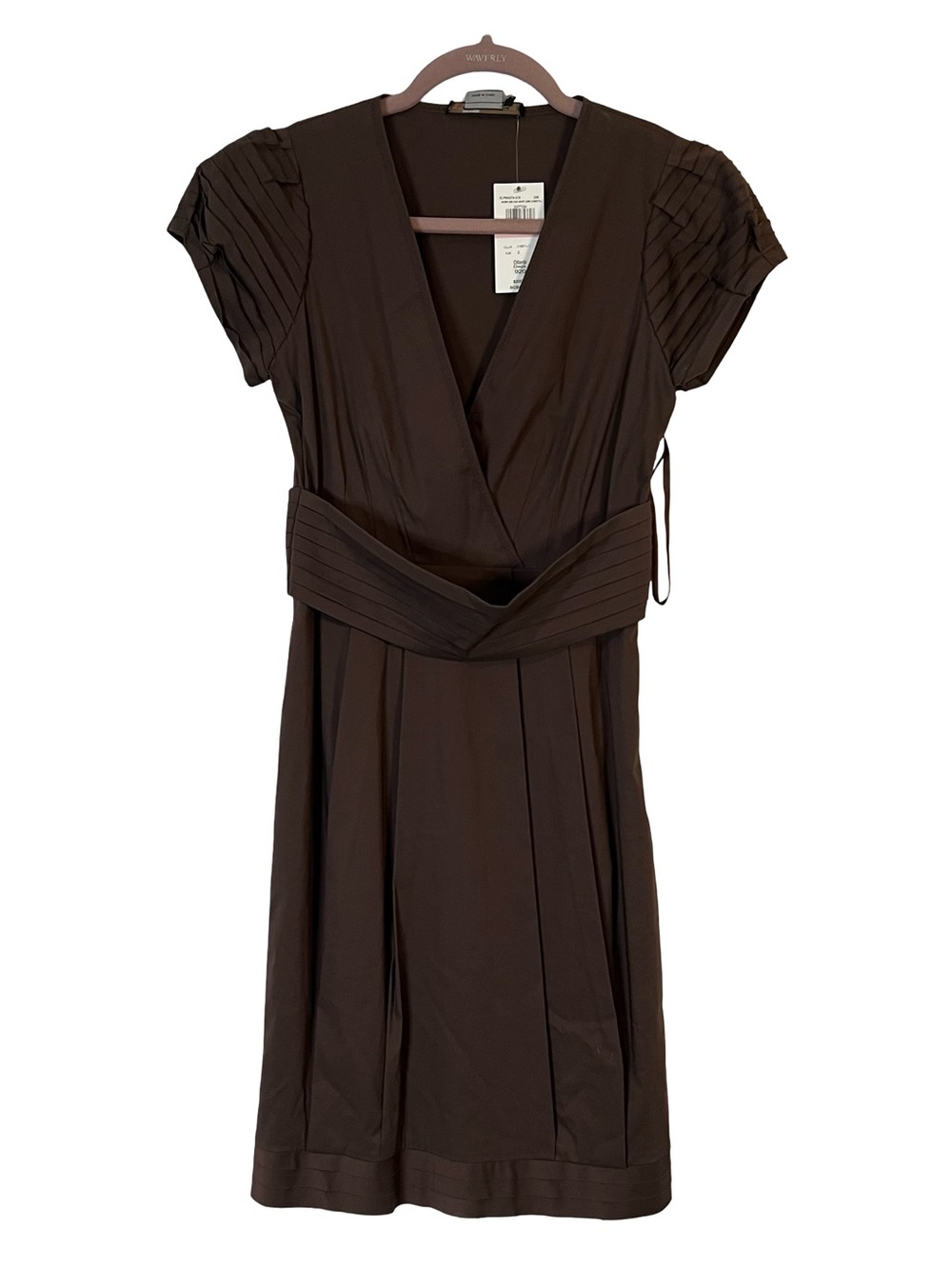 BCBG brown wrap dress with tie waist and pleated details